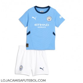 Camisa de Futebol Manchester City Erling Haaland #9 Equipamento Principal Infantil 2024-25 Manga Curta (+ Calças curtas)